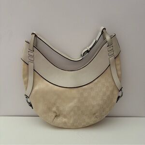 Gucci GG Canvas Cream Hobo Bag with Monogram Print and Leather Trim